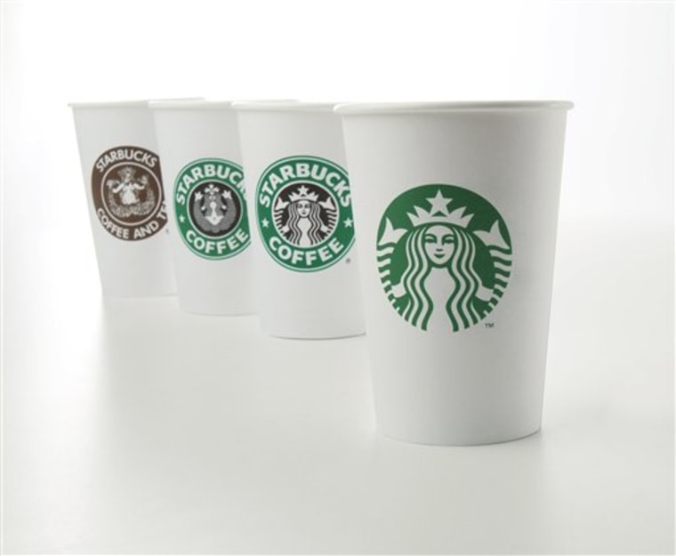The new logo is on the cup at right. Other cups bearing the company's logo from over the years, from left, 1971, 1987, and 1992, show its evolution.